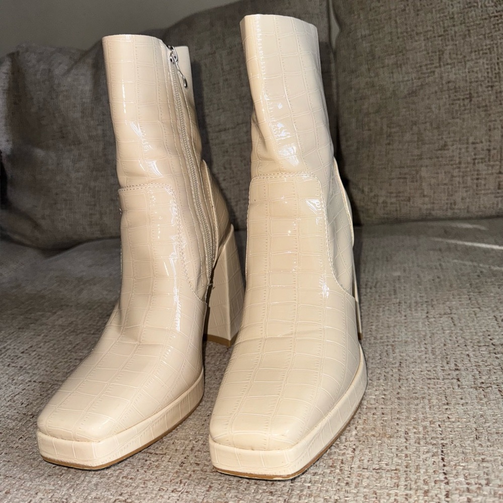 Cream Croc-Embossed Ankle Boots